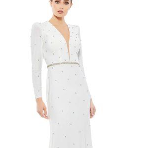 MAC DUGGAL 67874 JEWEL ENCRUSTED PLUNGE NECK LONG SLEEVE JERSEY GOWN  sz 12